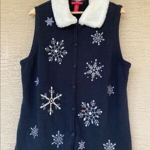 Merry & Bright Womens Winter Vest Sweater Snowflake Black White Furry Collar L